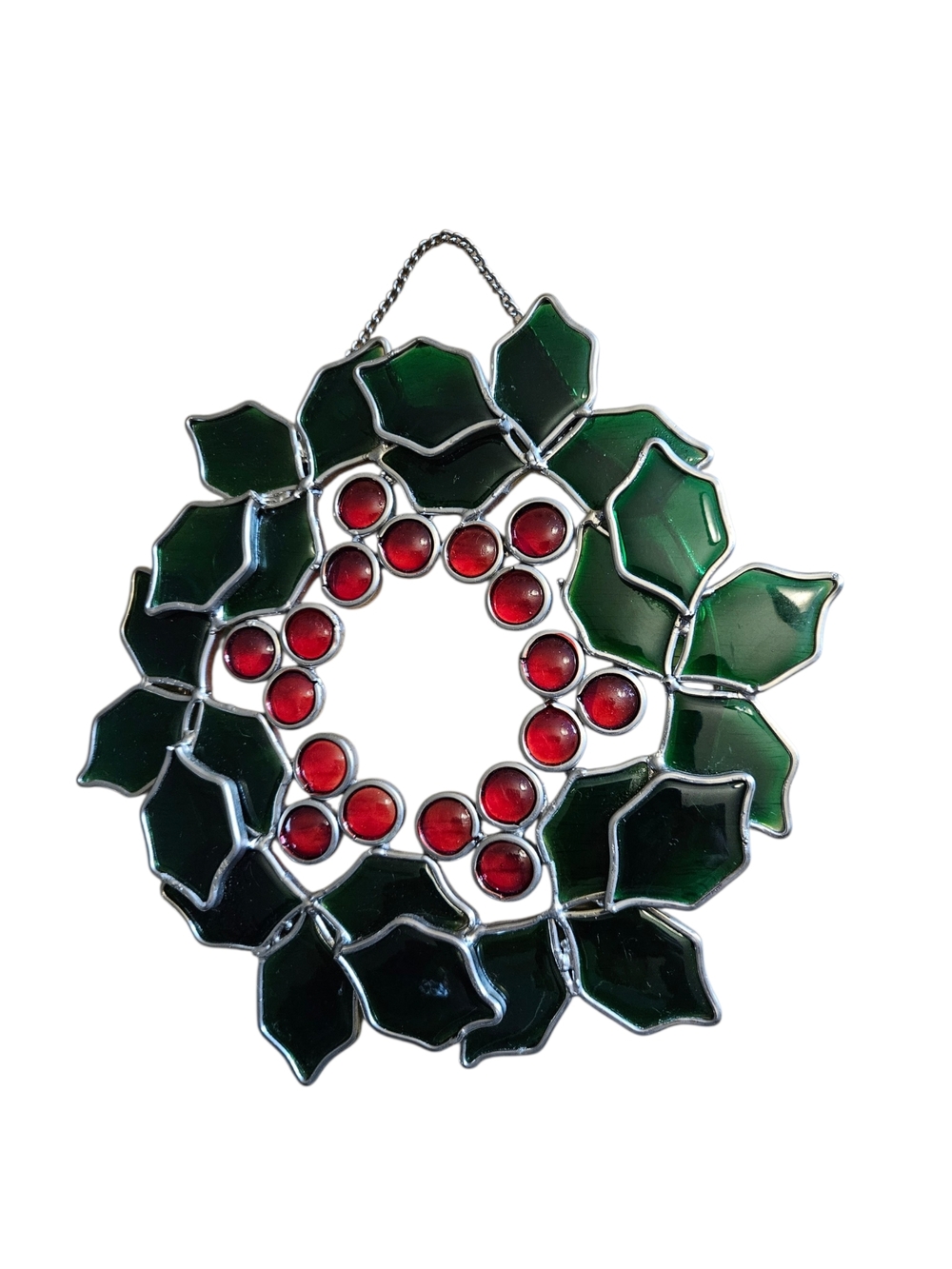 Vintage Stained Glass Holly Wreath Suncatcher Christmas Window Hanging 9in Taiwa